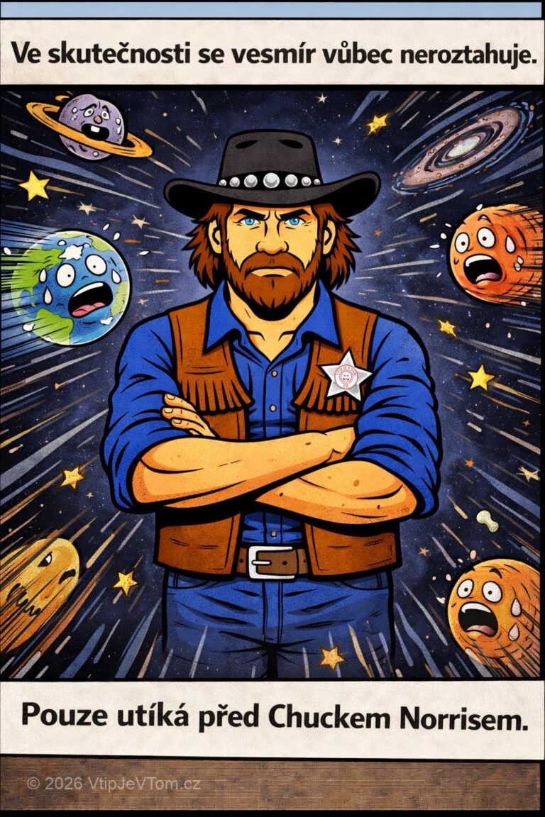 Chuck Norris a roztažnost vesmíru Chuck Norris a roztažnost vesmíru - Ve skutečnosti se vesmír vůbec neroztahuje. Pouze utíká před Chuckem...