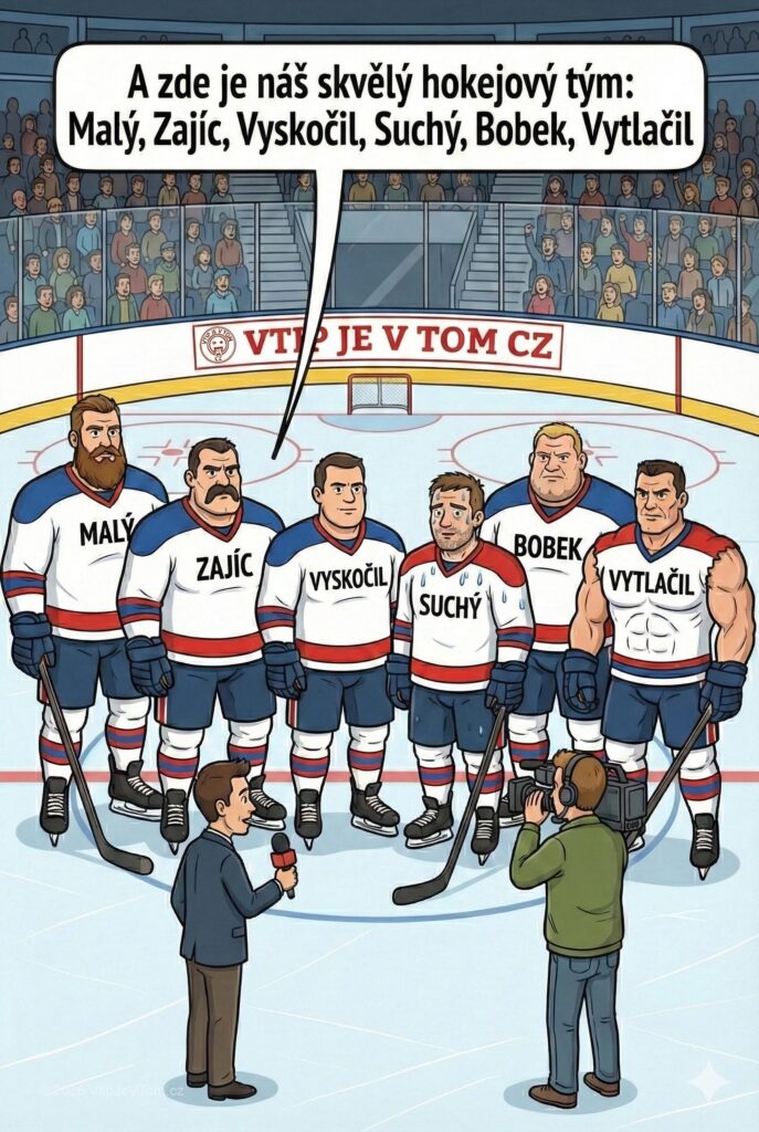 Hokejový tým snů Hokejový tým snů - Reportér představuje hokejové mužstvo připravující se na zápas: "Malý, Zajíc,...