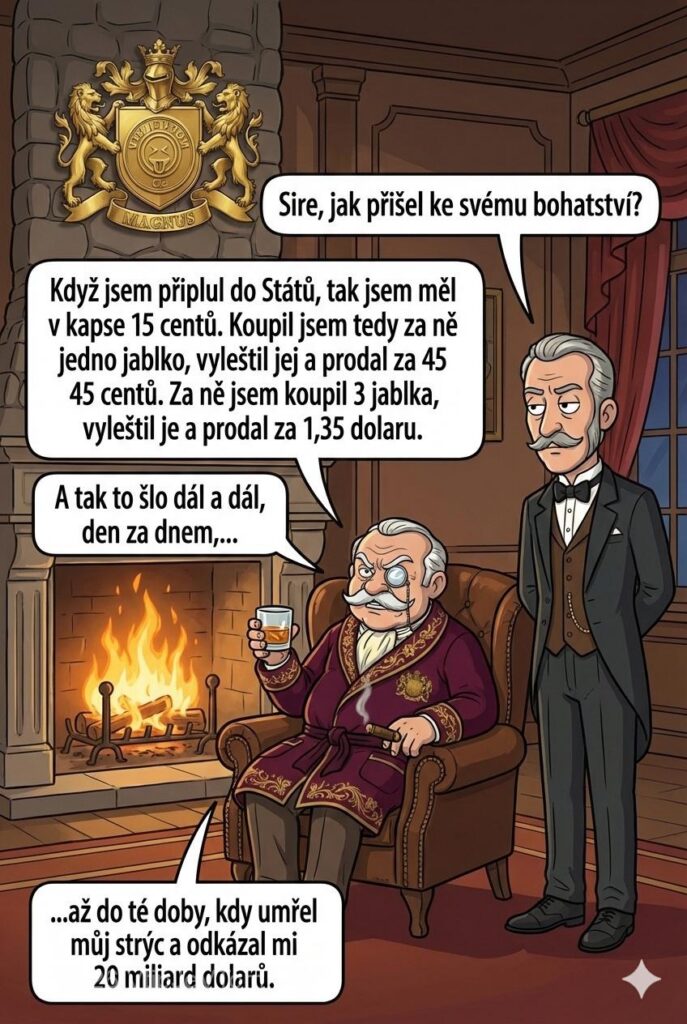 Jak Lord Magnus přišel ke svému bohatství - Lord magnus sedí v křesle u krbu s Whiskey v...