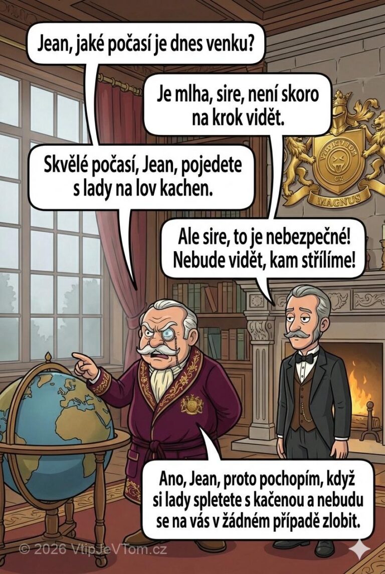 Lord Magnus chce jít na lov - Lord Magnus: „Jean, jaké počasí je dnes venku?"Jean: „Je mlha,...