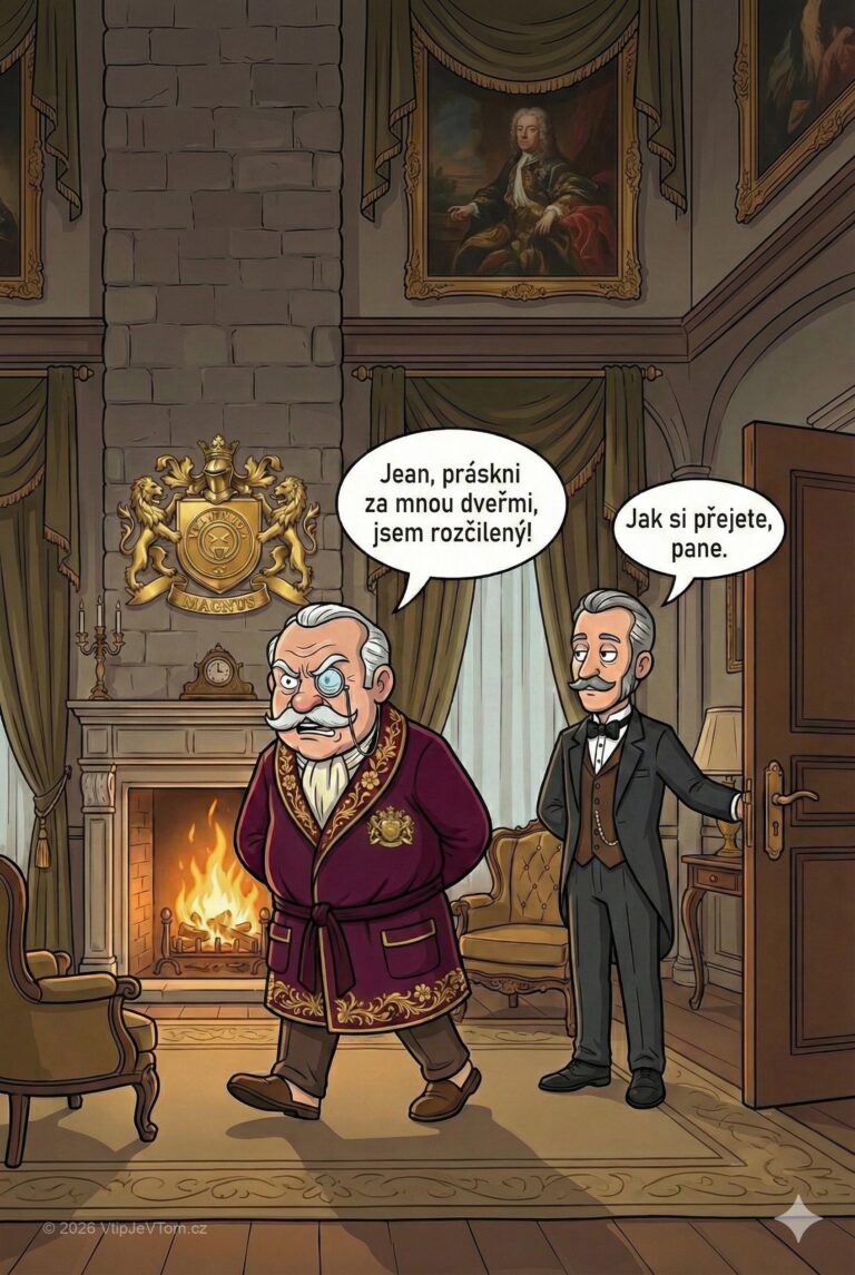 Lord Magnus chce prásknout dveřmi - Rozladěný lord Magnus vchází do zámeckého salónku: „Jean, práskni za...