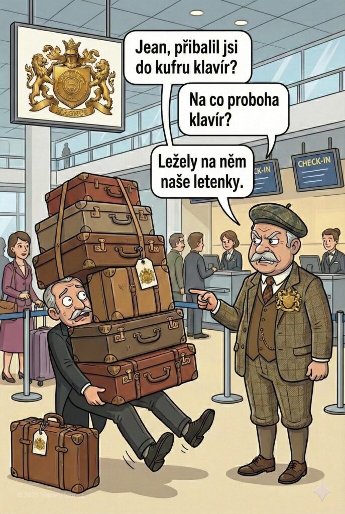 Lord Magnus jede na dovolenou - Na letišti se Lord Magnus ptá Jeana obloženého kufry: "Jean,...