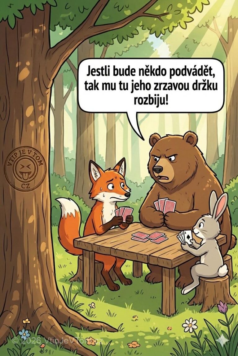 Medvěd, liška a zajíc hrají karty - Medvěd říká: „Jestli bude někdo podvádět, tak mu tu jeho...