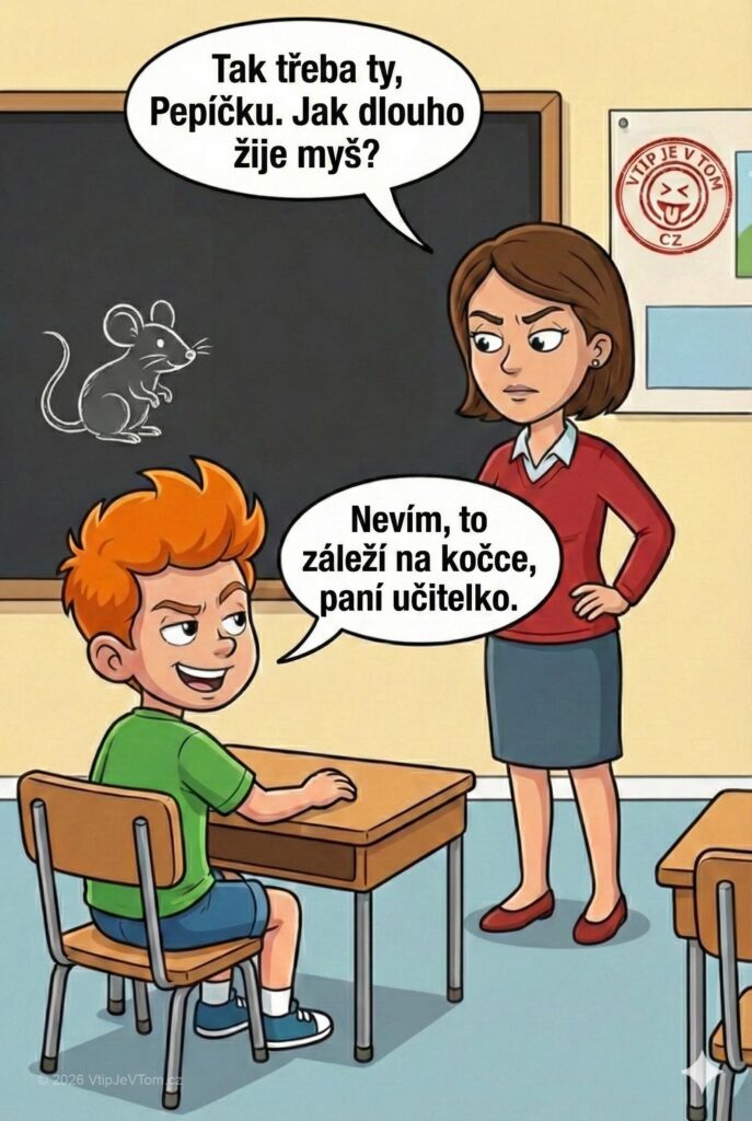 Pepíček a dlouhověkost myší - Paní učitelka: „Tak třeba ty, Pepíčku. Jak dlouho žije myš?“Pepíček:...