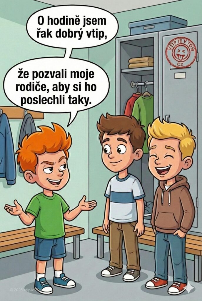 Pepíček a dobrý vtip - Pepíček se chlubí kamarádům: „O hodině jsem řekl tak dobrý...