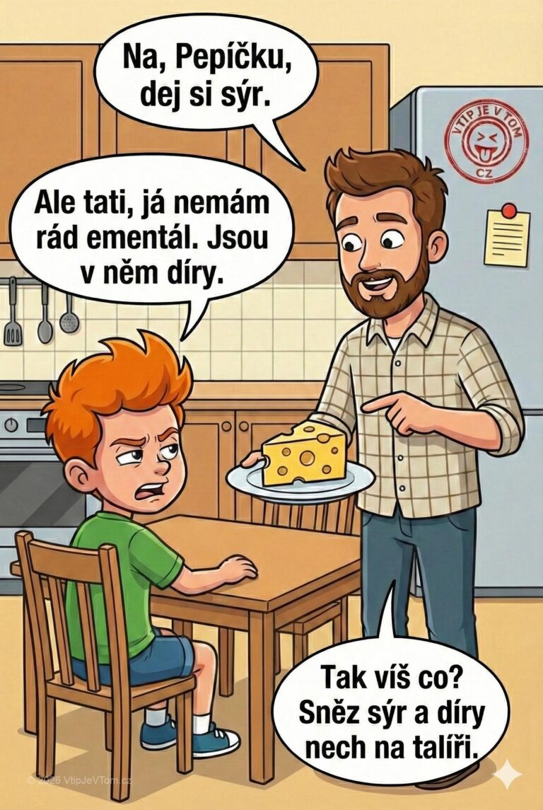 Pepíček a ementál - Táta podává Pepíčkovi sýr a Pepíček říká: „Ale tati, já...