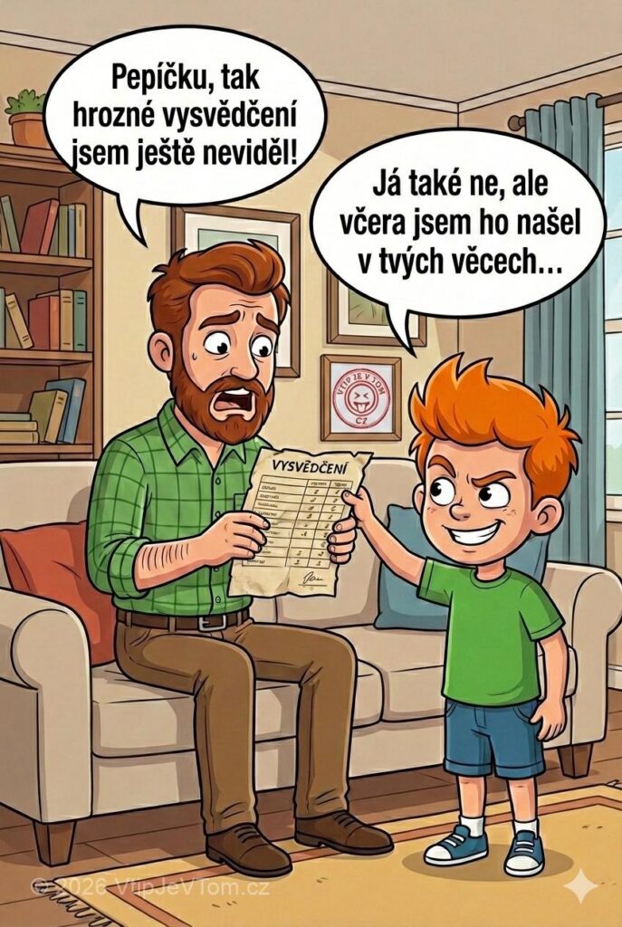 Pepíček a hrozné vysvědčení Pepíček a hrozné vysvědčení - Pepíček ukazuje tatínkovi vysvědčení. Tatínek: „Pepíčku, tak hrozné vysvědčení jsem...