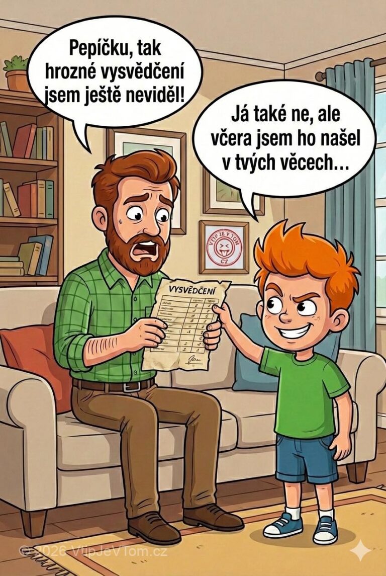 Pepíček a hrozné vysvědčení - Pepíček ukazuje tatínkovi vysvědčení. Tatínek: „Pepíčku, tak hrozné vysvědčení jsem...