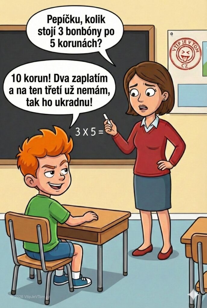 Pepíček a matematika - „Pepíčku, kolik stojí 3 bonbóny po 5 korunách?” zeptá se...