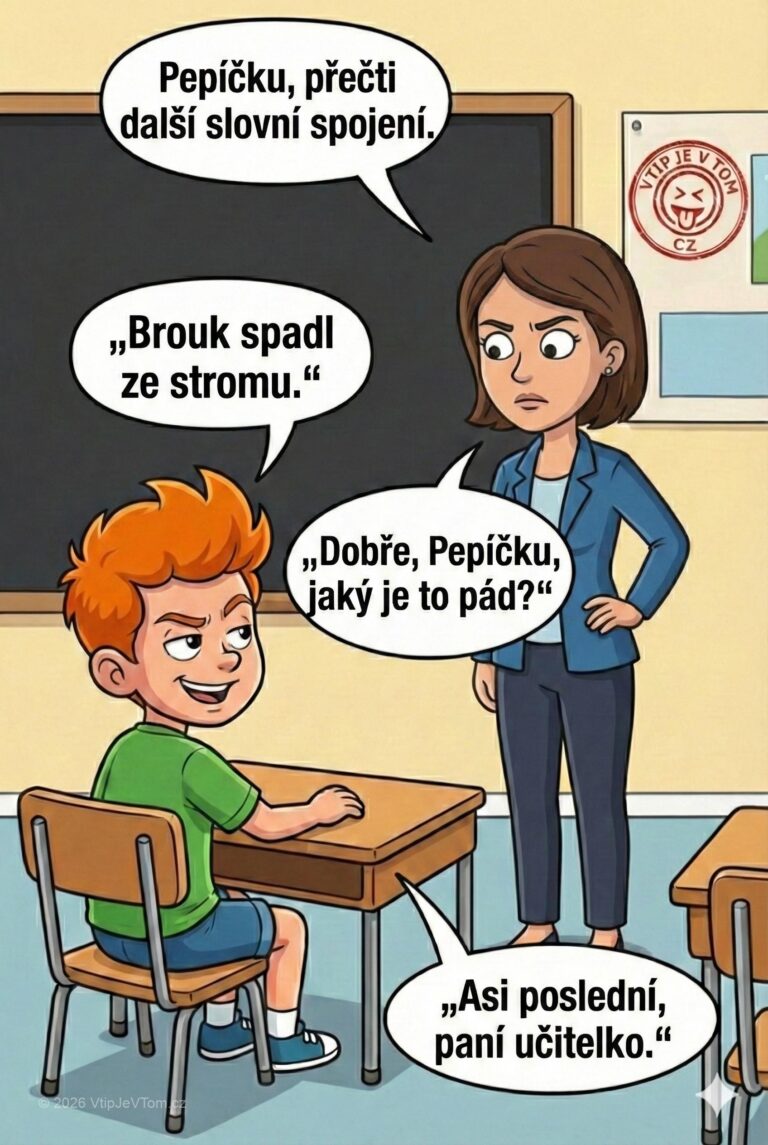 Pepíček a pády - Paní učitelka vyzve Pepíčka, aby přečetl další slovní spojení. Pepíček:...