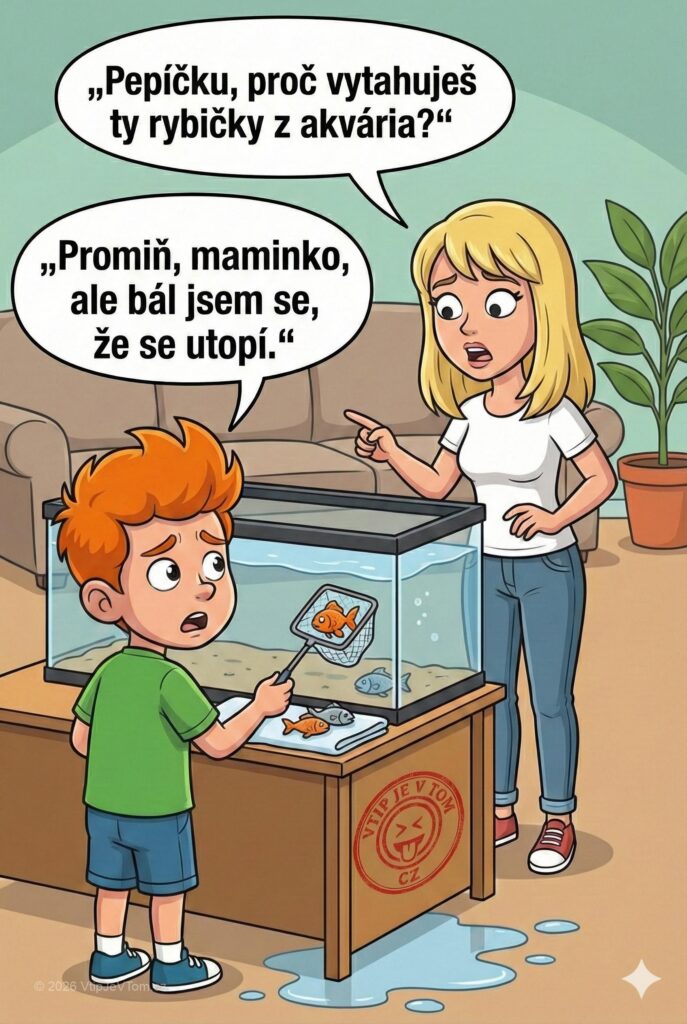 Pepíček a rybičky Pepíček a rybičky - „Pepíčku, proč vytahuješ ty rybičky z akvária?“ „Promiň, maminko, ale...