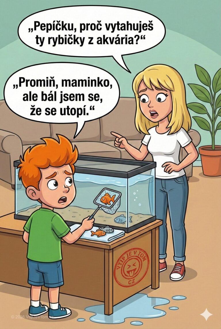 Pepíček a rybičky - „Pepíčku, proč vytahuješ ty rybičky z akvária?“ „Promiň, maminko, ale...