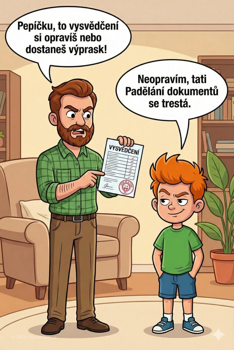 Pepíček a špatné vysvědčení - „Pepíčku, to vysvědčení si opravíš nebo dostaneš výprask!“ vyhrožuje tatínek.„Neopravím,...