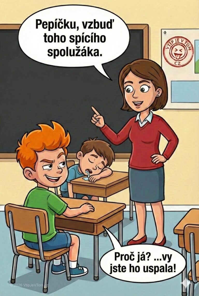 Pepíček a spící spolužák - Paní učitelka požádá Pepíčka, aby vzbudil spícího spolužáka.„Proč já?“ táže...