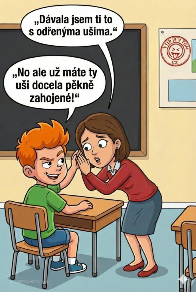 Pepíček a vysvědčení - Ve škole se rozdává vysvědčení. K Pepíčkovi se sehne paní...