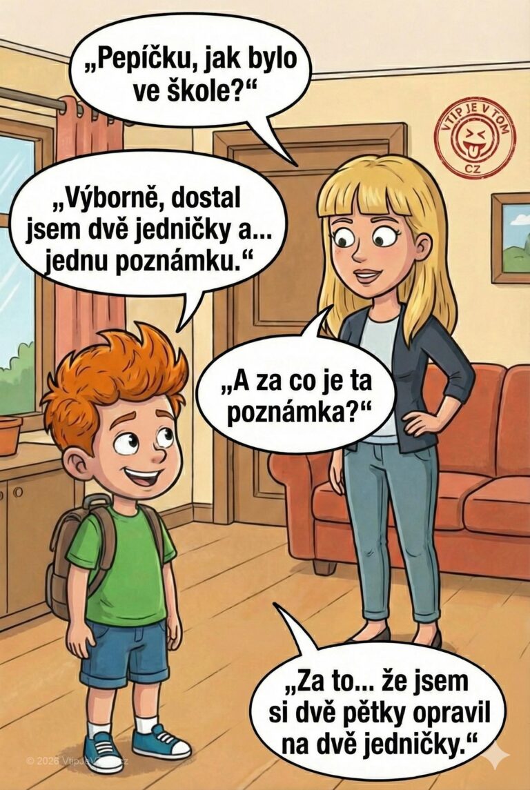 Pepíček dostal dvě jedničky - Pepíček přijde domů ze školy. Máma se ho ptá: „Pepíčku,...
