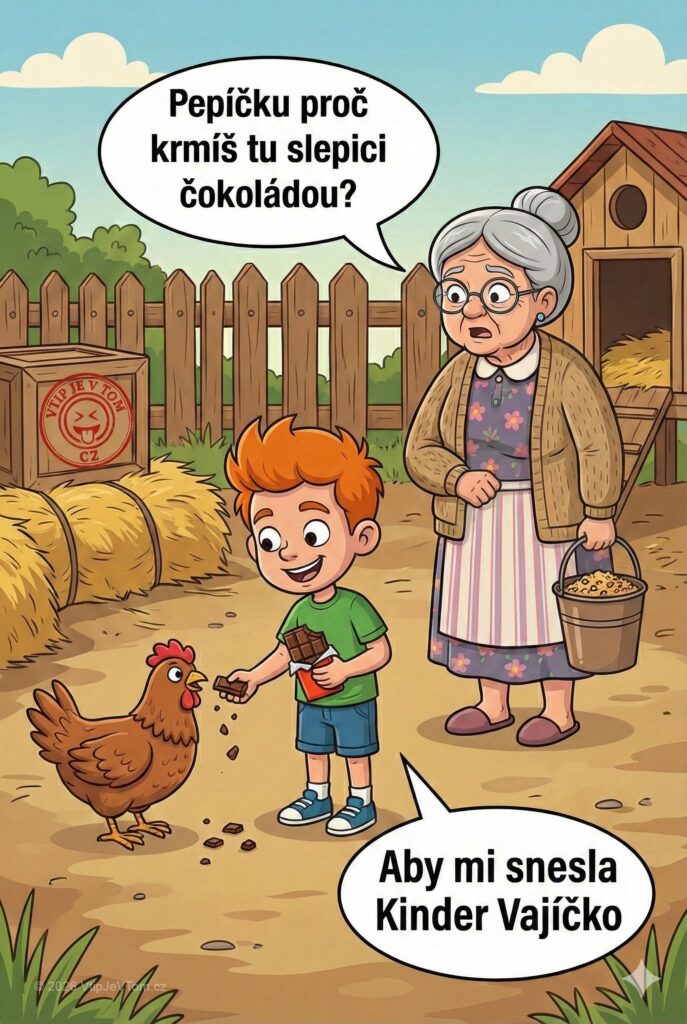 Pepíček krmí slepici - Pepíček krmí slepici čokoládou a přijde babička a ptá se:...