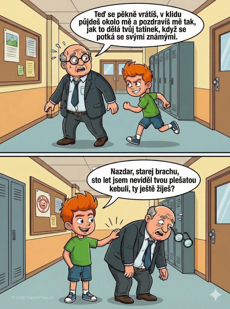 Pepíček málem srazí ředitele na chodbě - Pepíček letí ve škole po chodbě a jen tak tak,...