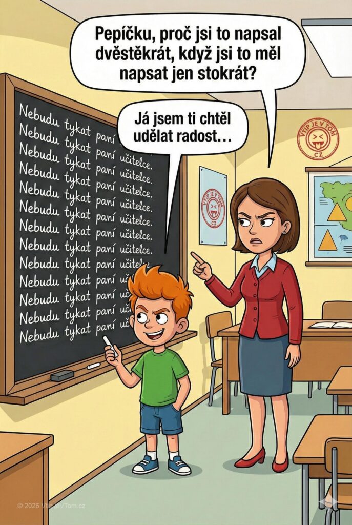 Pepíček nemá tykat paní učitelce - Pepíček dostane za trest napsat stokrát na tabuli: „Nebudu tykat...