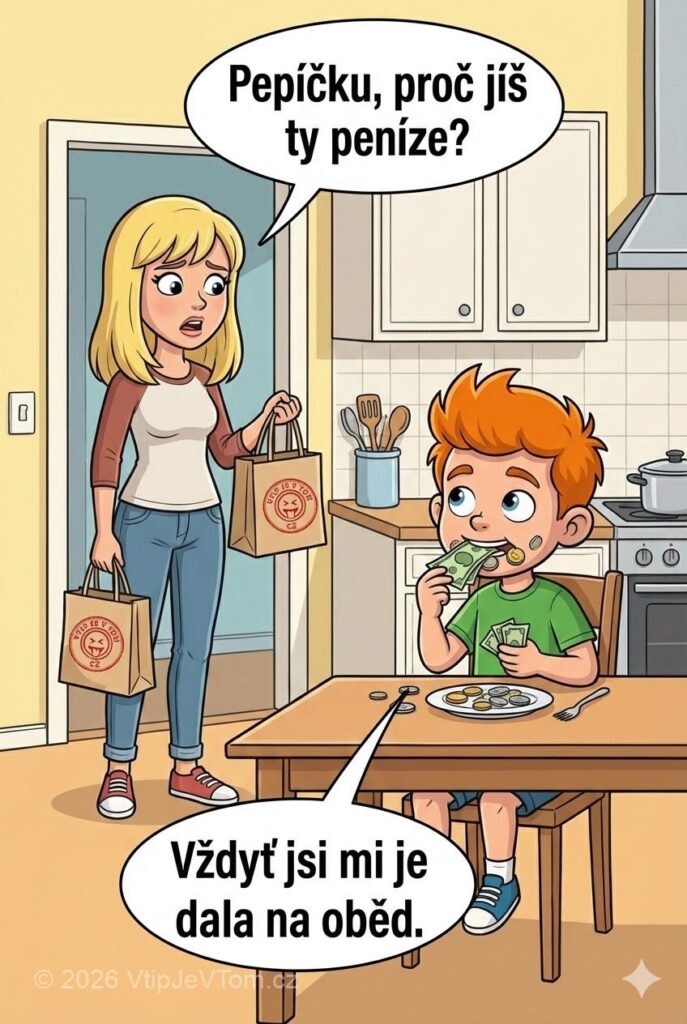 Pepíček oběduje - Maminka přijde domů a zeptá se Pepíčka: „Pepíčku, proč jíš...