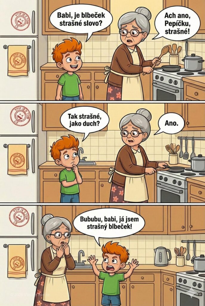 Pepíček se ptá na blbečeka Pepíček se ptá na blbečeka - Pepíček se ptá babičky: „Babi, je blbeček strašné slovo?“ Babička:...