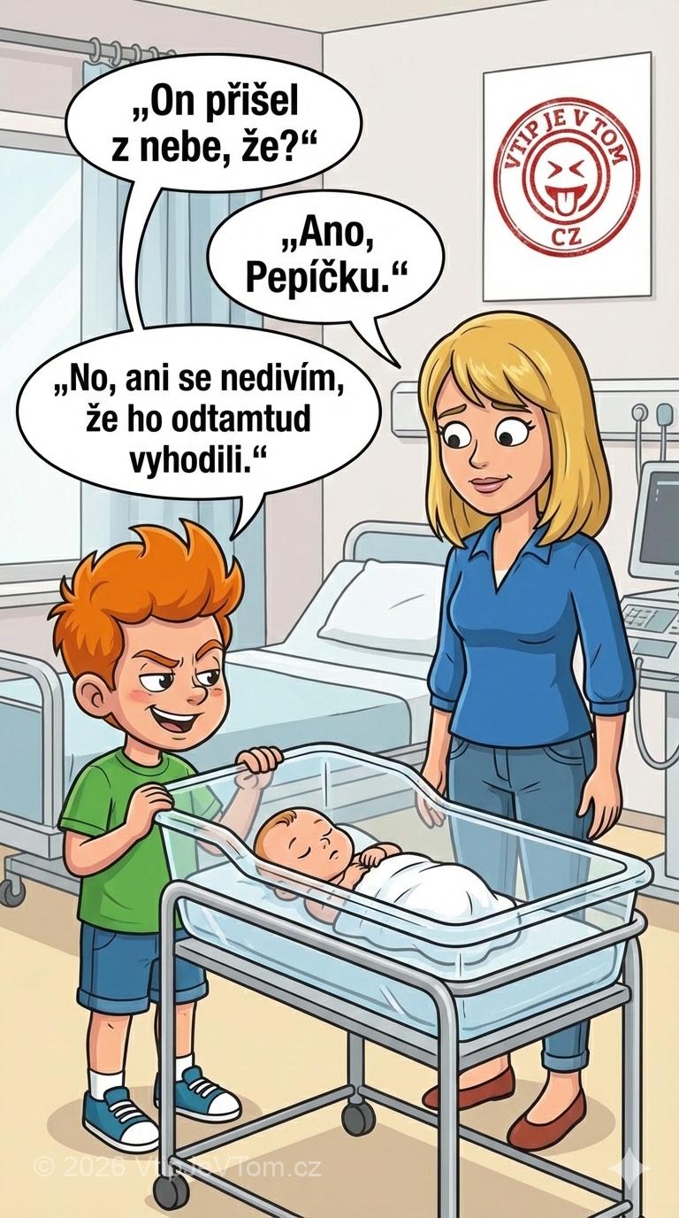 Pepíček v porodnici Pepíček v porodnici - Malý Pepíček si se zájmem prohlíží svého nového bratra a...