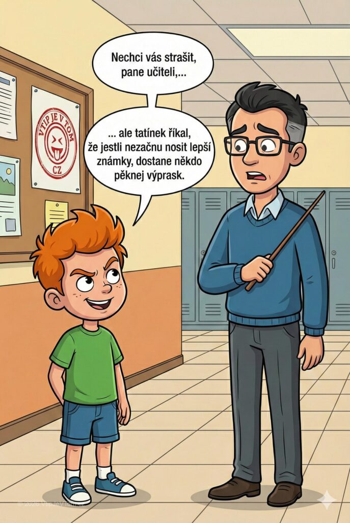 Pepíček varuje pana učitele - Pepíček říká panu učiteli: „Nechci vás strašit, pane učiteli,…" Pepíček...