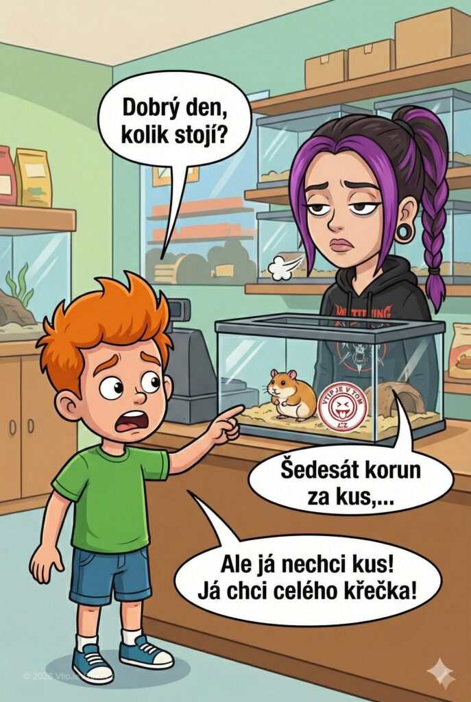 Pepíček ve zverimexu Pepíček ve zverimexu - Jde Pepíček do zverimexu koupit si křečka.„Dobrý den, kolik stojí?“...