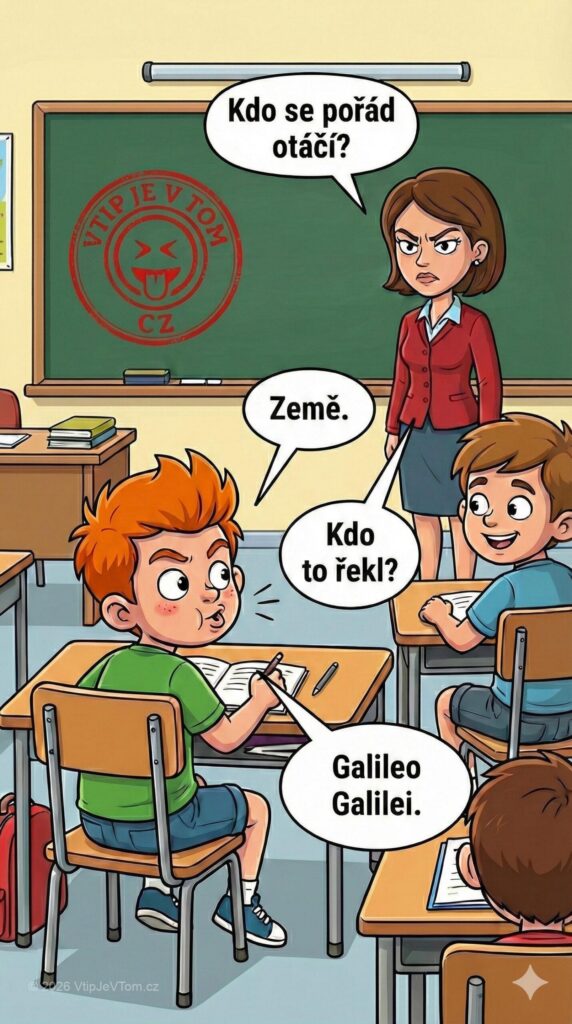 Pepíček vyrušuje - Učitelka: „Kdo se pořád otáčí?“ Pepíček: „Země.“ Učitelka: „Kdo to...