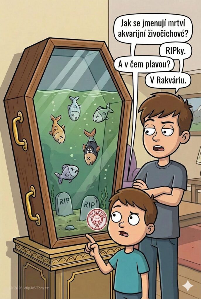 Posmrtný život v akváriu Posmrtný život v akváriu - Jak se jmenují mrtví akvarijní živočichové?RIPky.A v čem plavou?V Rakváriu.