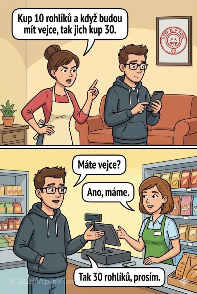 Programátor nakupuje Programátor nakupuje - Manželka posílá programátora nakoupit. "Kup 10 rohlíků a když budou...