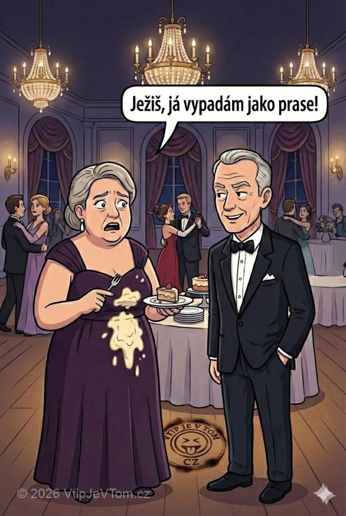 Starší manželé na plese - Manželka si dá zákusek a kousek jí spadne na šaty:...