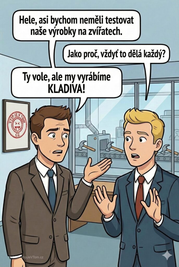 Testování výrobků na zvířatech - Baví se dva manažeři: Hele, asi bychom neměli testovat naše...