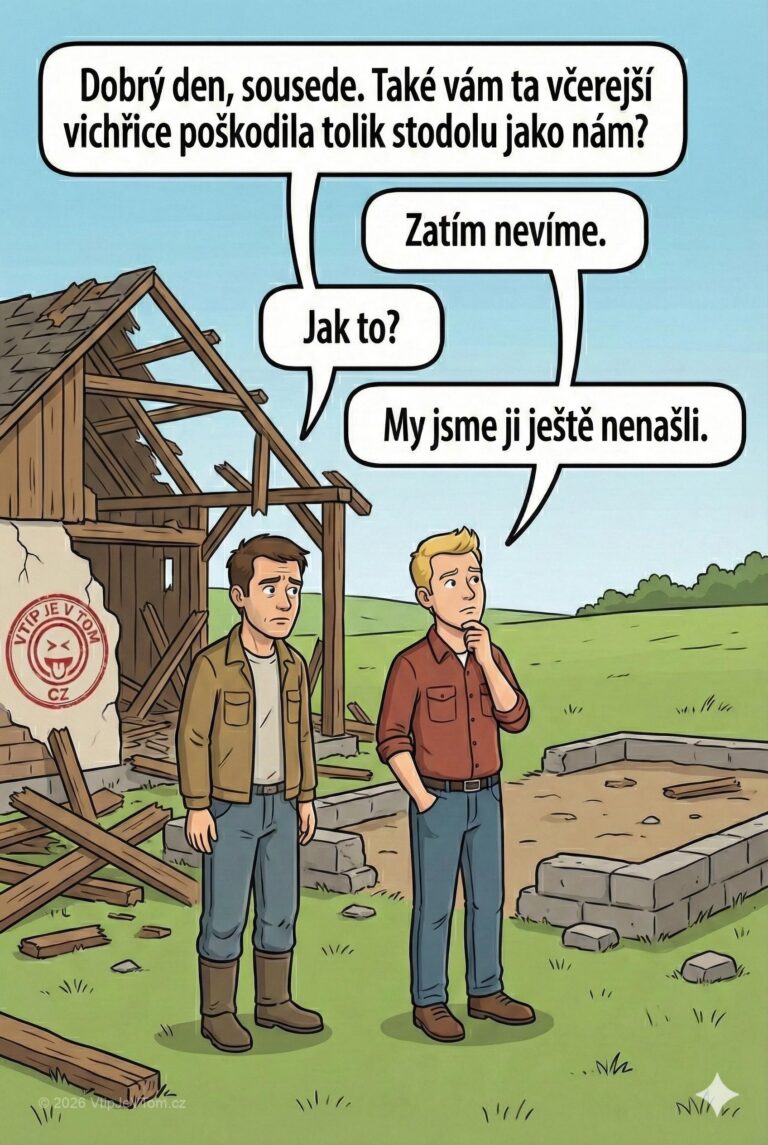 Vichřice poškodila stodolu - „Dobrý den, sousede. Také vám ta včerejší vichřice poškodila tolik...