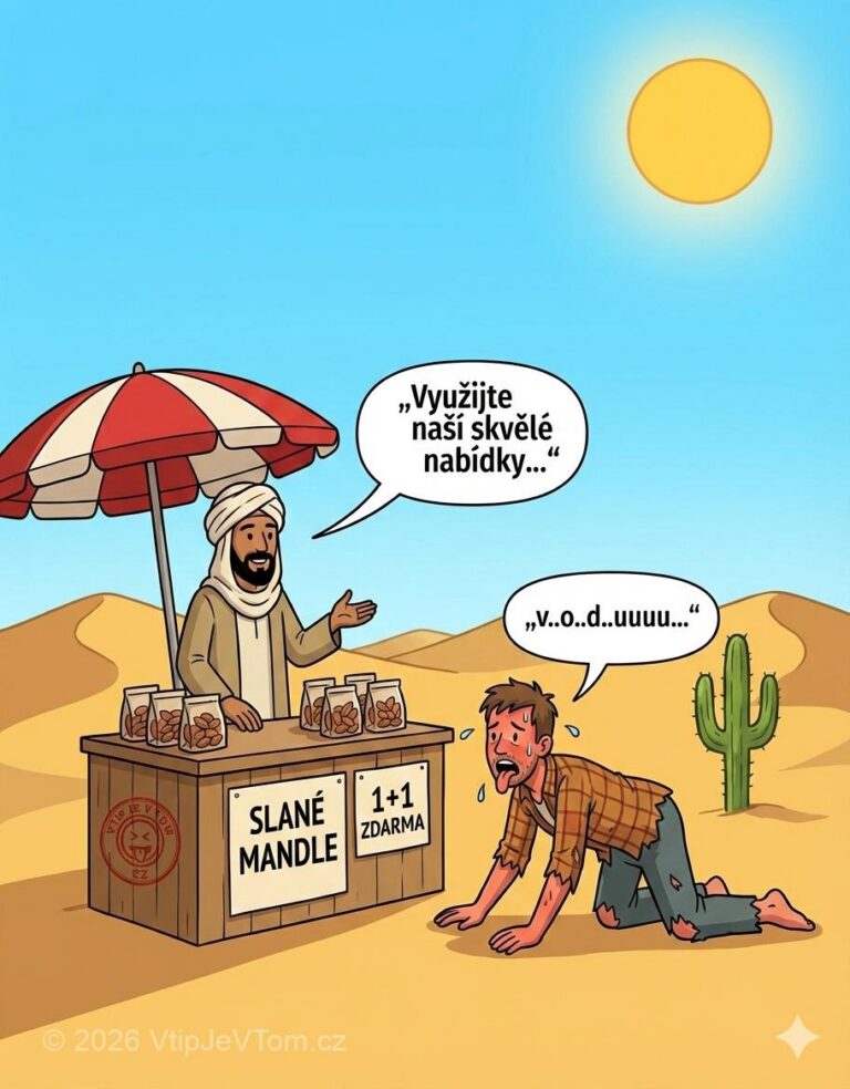 Výhodná akce na poušti - Plazí se muž po nekonečné, rozpálené poušti. Je na pokraji...