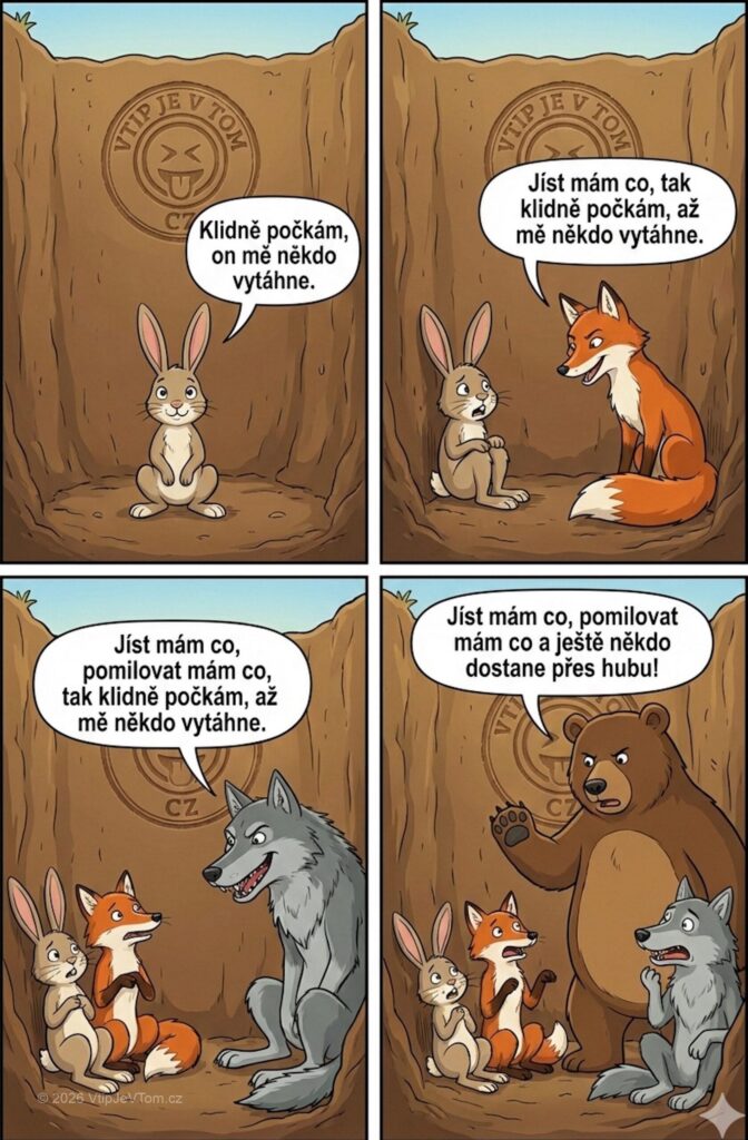 Čekání v jámě Čekání v jámě - Běží zajíc lesem a najednou spadne do jámy. Řekne si:...