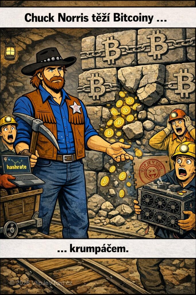 Chuck Norris a Bitcoin - Chuck Norris těží Bitcoiny. Krumpáčem!