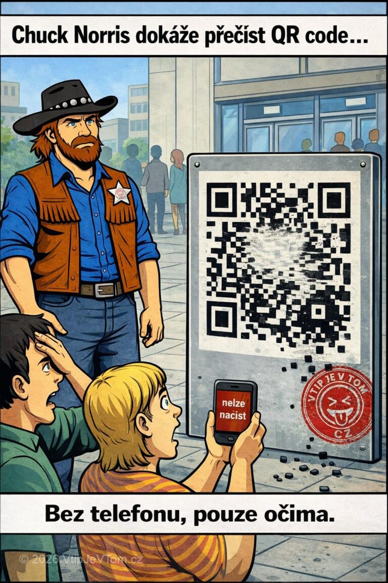 Chuck Norris a QR kódy - Chuck Norris dokáže přečíst QR kód. Bez telefonu, pouze očima.