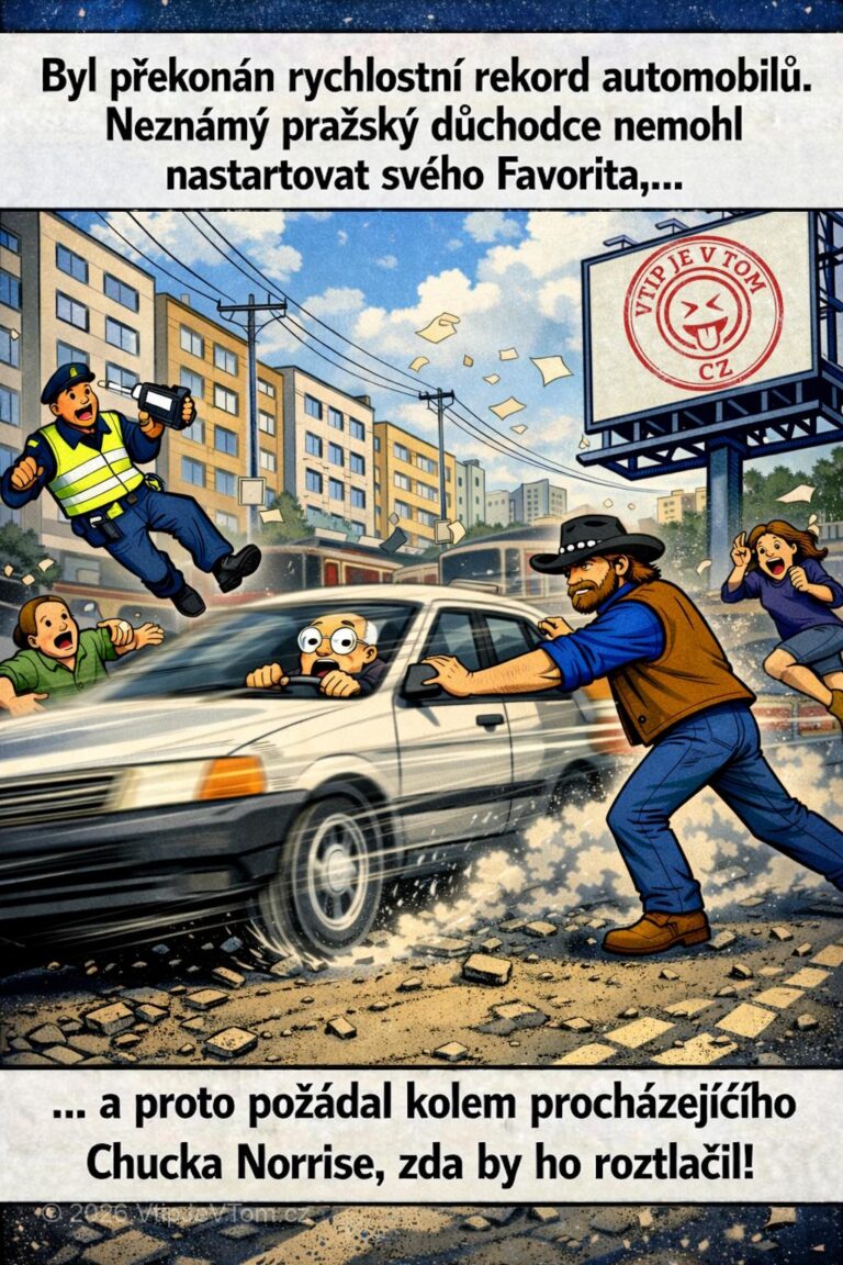 Chuck Norris a rychlostní rekord automobilů - Byl překonán rychlostní rekord automobilů. Neznámý pražský důchodce nemohl nastartovat...