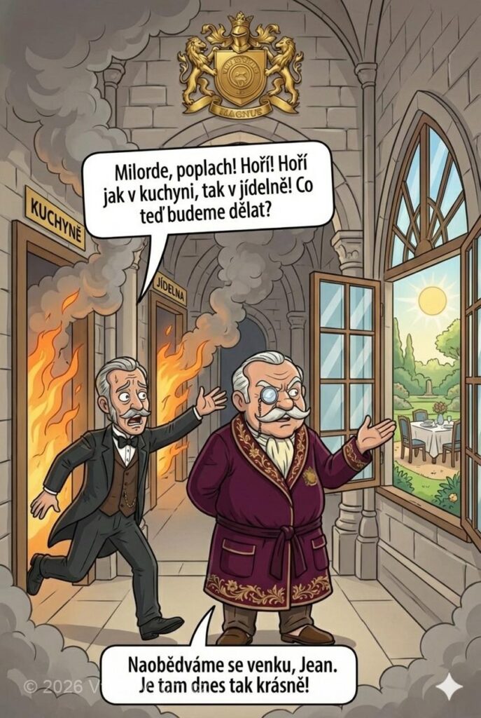Jean hlásí požár - Jean: „Milorde, poplach! Hoří! Hoří jak v kuchyni, tak v...