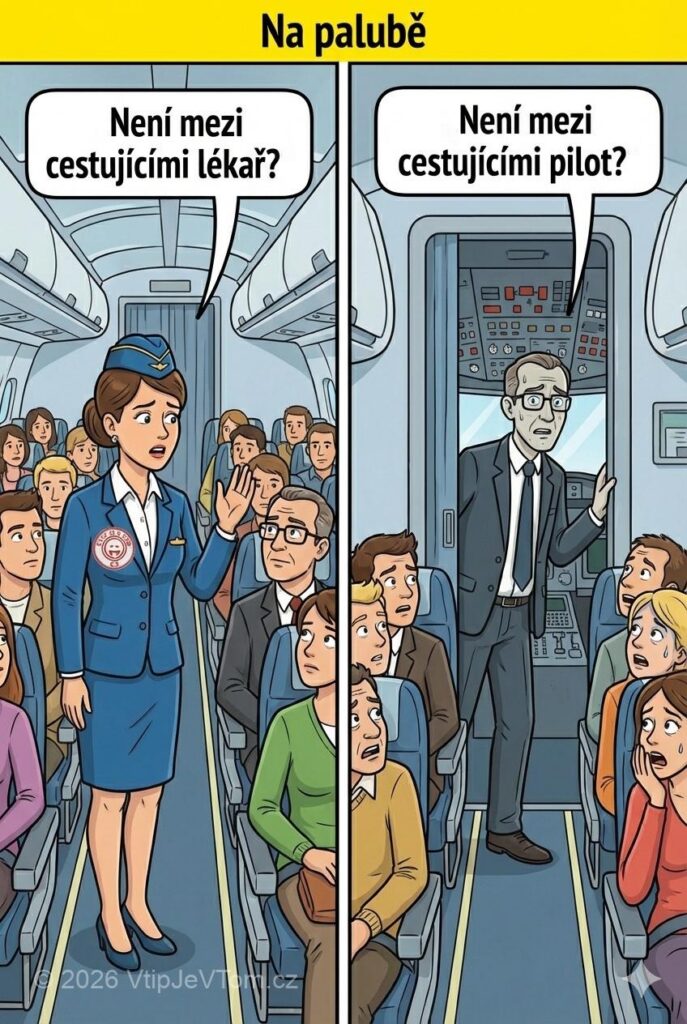 Lékař v letadle - Letuška se ptá: „Není mezi cestujícími lékař?“ Jeden z cestujících...