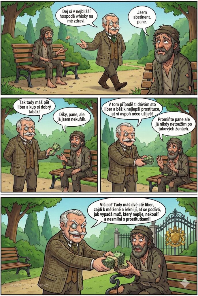 Lord Magnus a zvláštní trhan - Lord Magnus jde po parku kolem trhana, hodí mu libru....