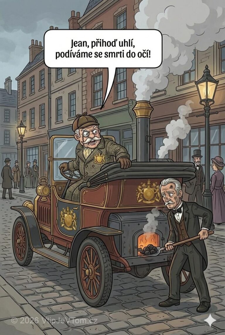 Lord Magnus na projížďce autem Lord Magnus na projížďce autem - Lord Magnus a jeho sluha jedou na parním autě ulicemi...