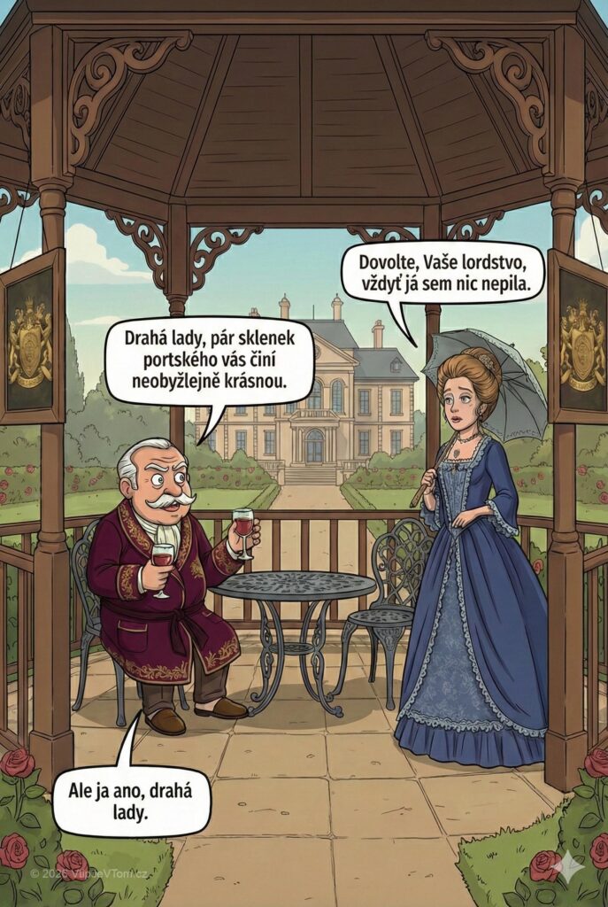 Lord Magnus pije portské - Lord Magnus sedí v altánu na zahradě a pije portské,...