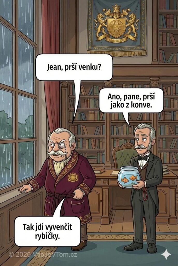 Lord Magnus se ptá na déšť Lord Magnus se ptá na déšť - Lord Magnus: "Jean, prší venku?" Jean: "Ano, pane, prší jako...
