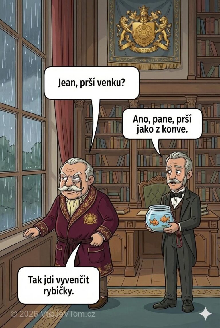 Lord Magnus se ptá na déšť - Lord Magnus: "Jean, prší venku?" Jean: "Ano, pane, prší jako...