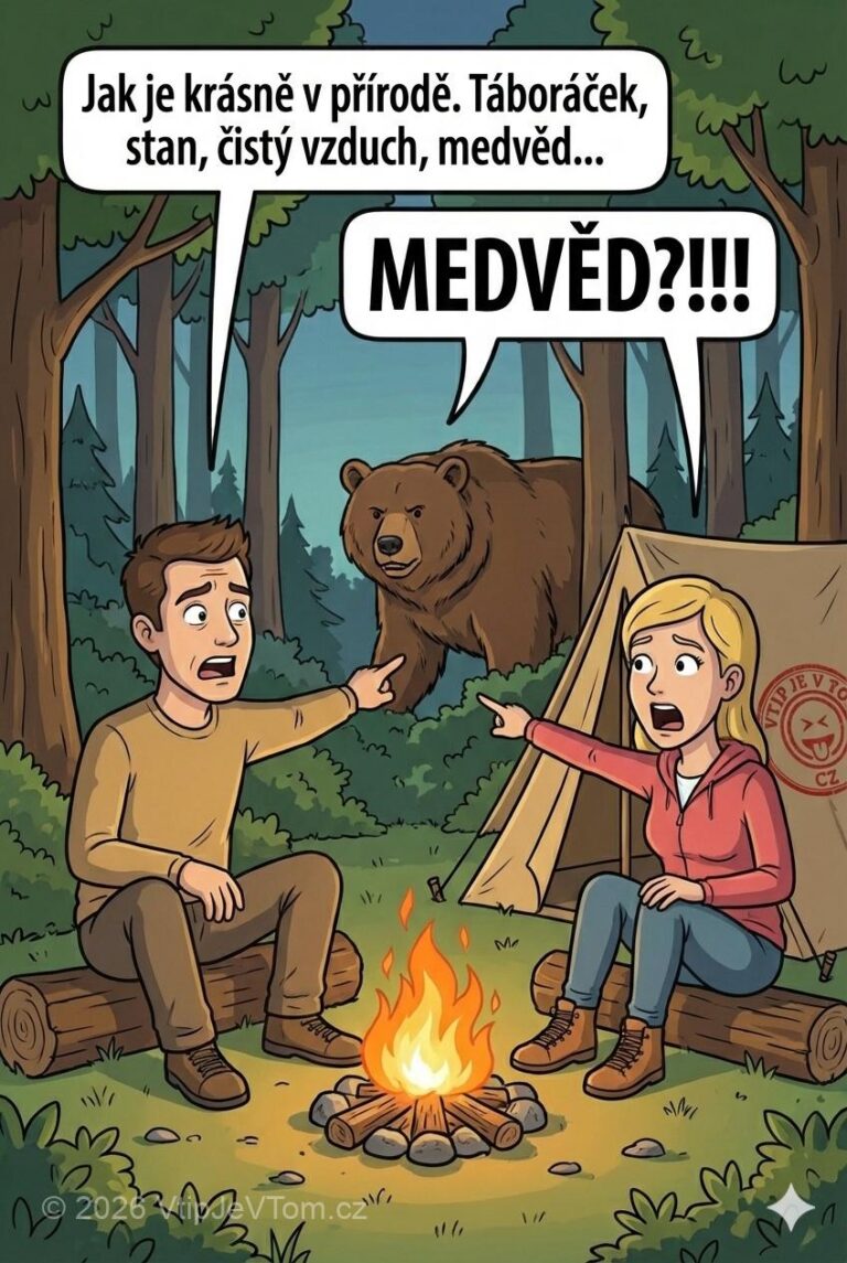 Manželé v přírodě Manželé v přírodě - Muž říká: "Jak je krásně v přírodě. Táboráček, stan, čistý...