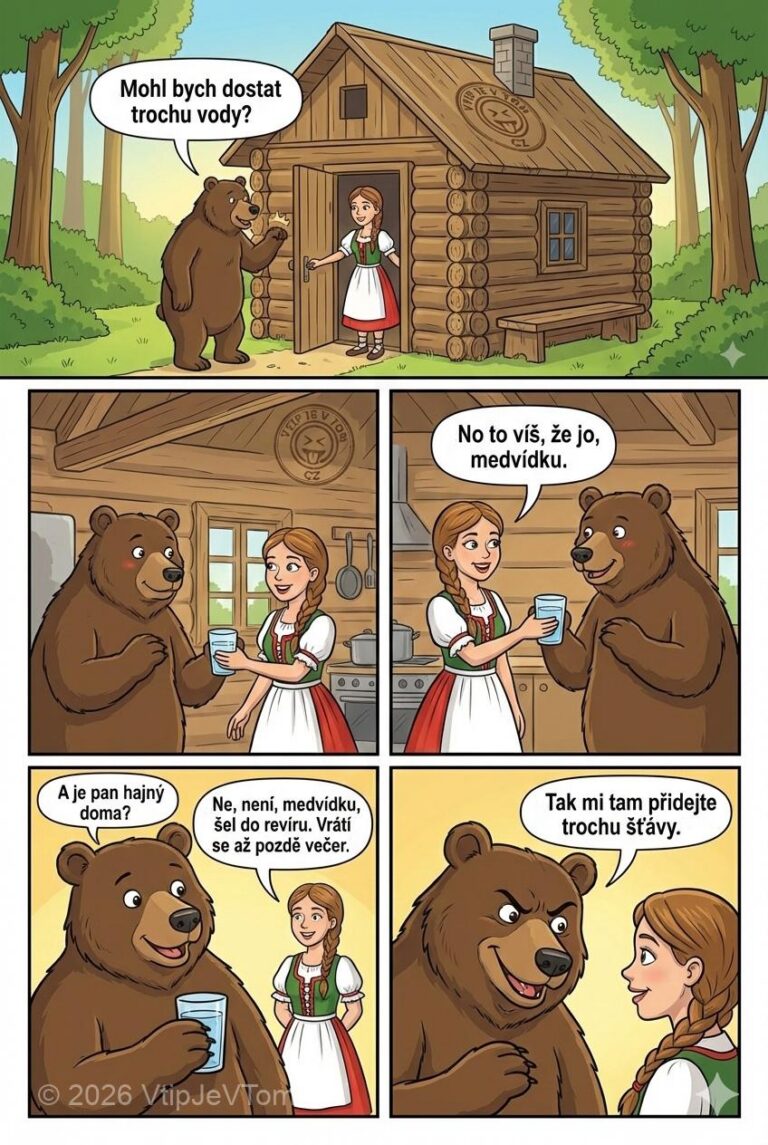 Medvěd chce napít - Přijde medvídek k hájovně a otevře mu sličná paní hajná.„Mohl...