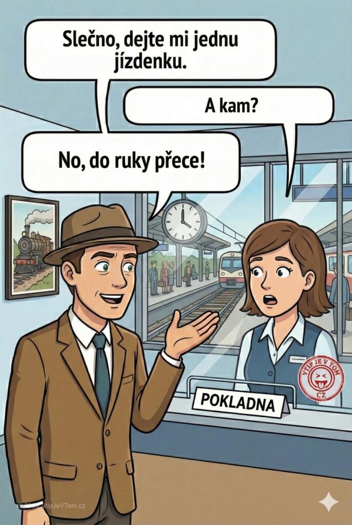 Na nádraží si pán kupuje jízdenku Na nádraží si pán kupuje jízdenku - Pán: „Slečno, dejte mi jednu jízdenku.“ Slečna za okénkem: „A...