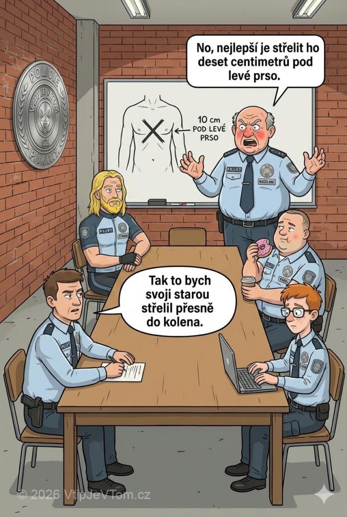 Náčelník školí policisty, jak nejlépe zastřelit zločince - Náčelník: „No, nejlepší je střelit ho deset centimetrů pod levé...